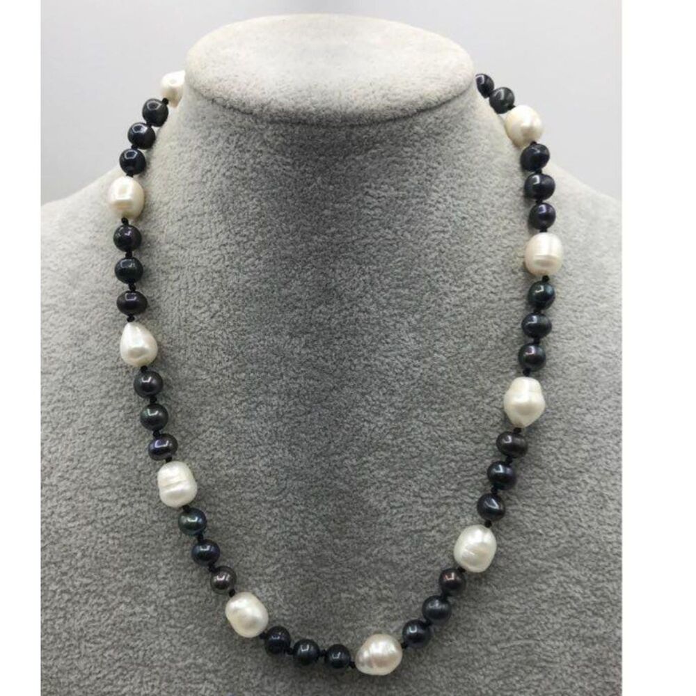 Baroque Tahitian Pearl Necklace Black Iridescent Natural Pearls Sterling Clasp